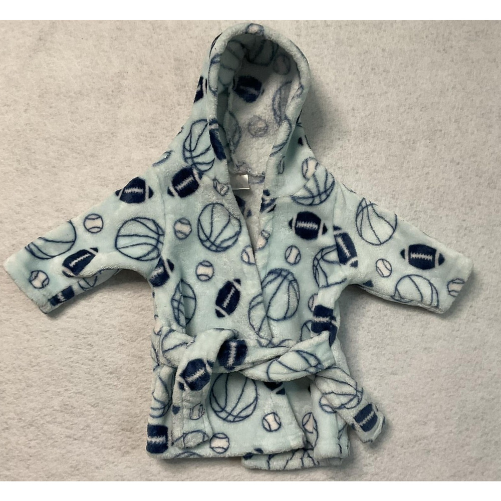Baby Boys Hooded Bathrobe 0-9M‎ Soft Fleece Sports Balls Print Plush Robe Blue
